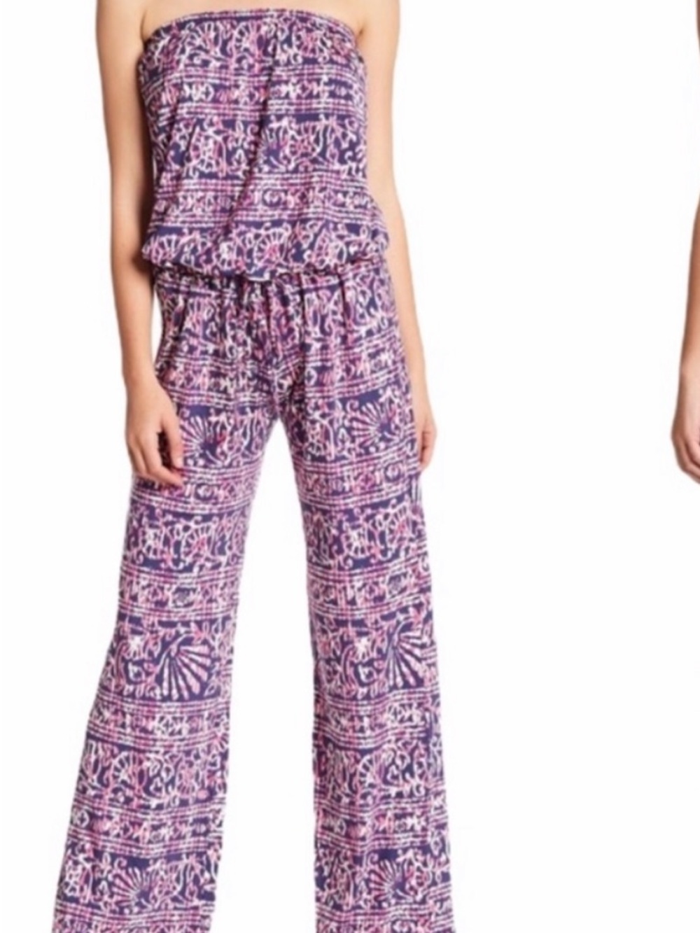 Tori Richard Purple & Pink Strapless Printed Wide-Leg Jumpsuit